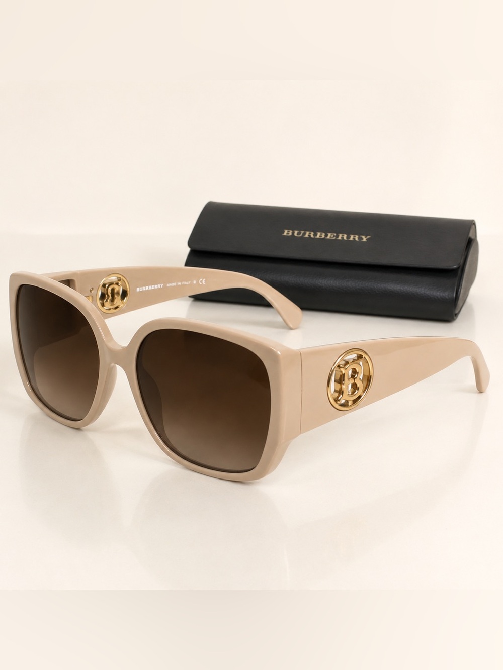 Burberry Beige oversized square butterfly Sunglasses with Gold TB Medallions